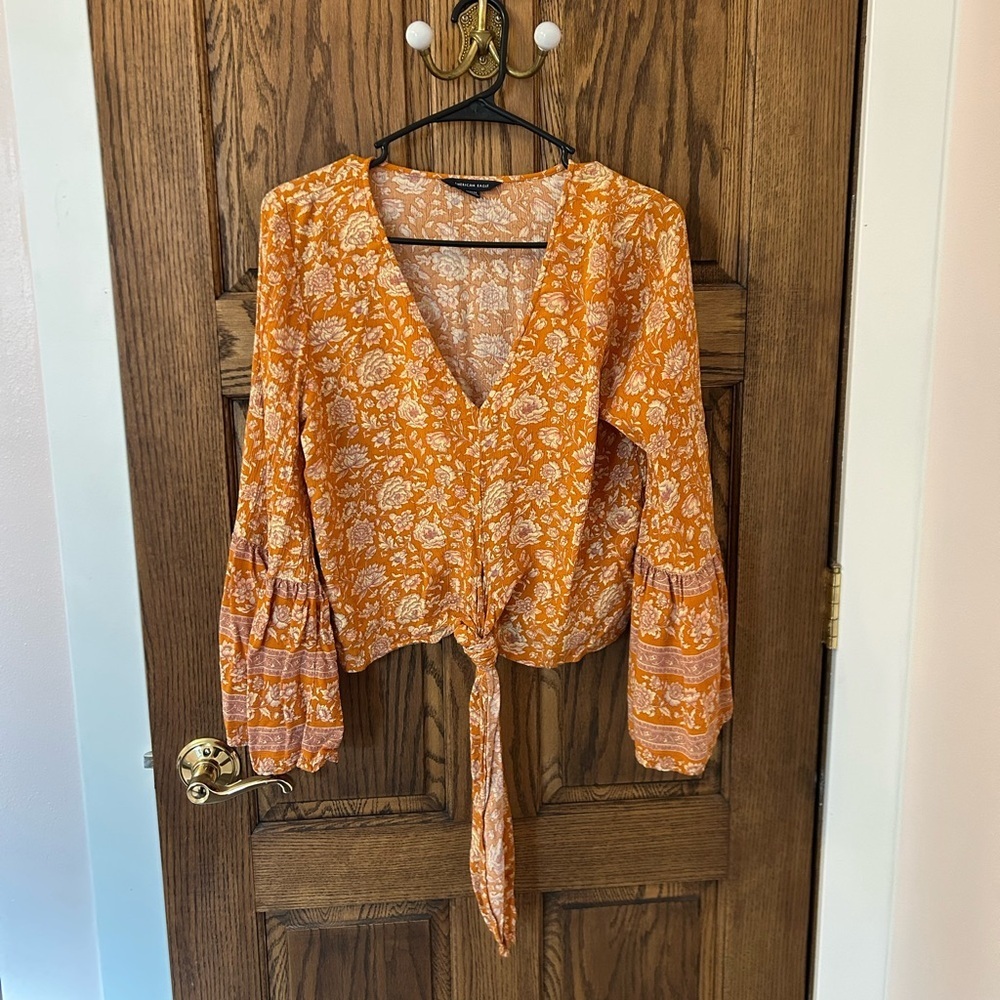 American Eagle Outfitters Orange Floral Boho Blouse Medium